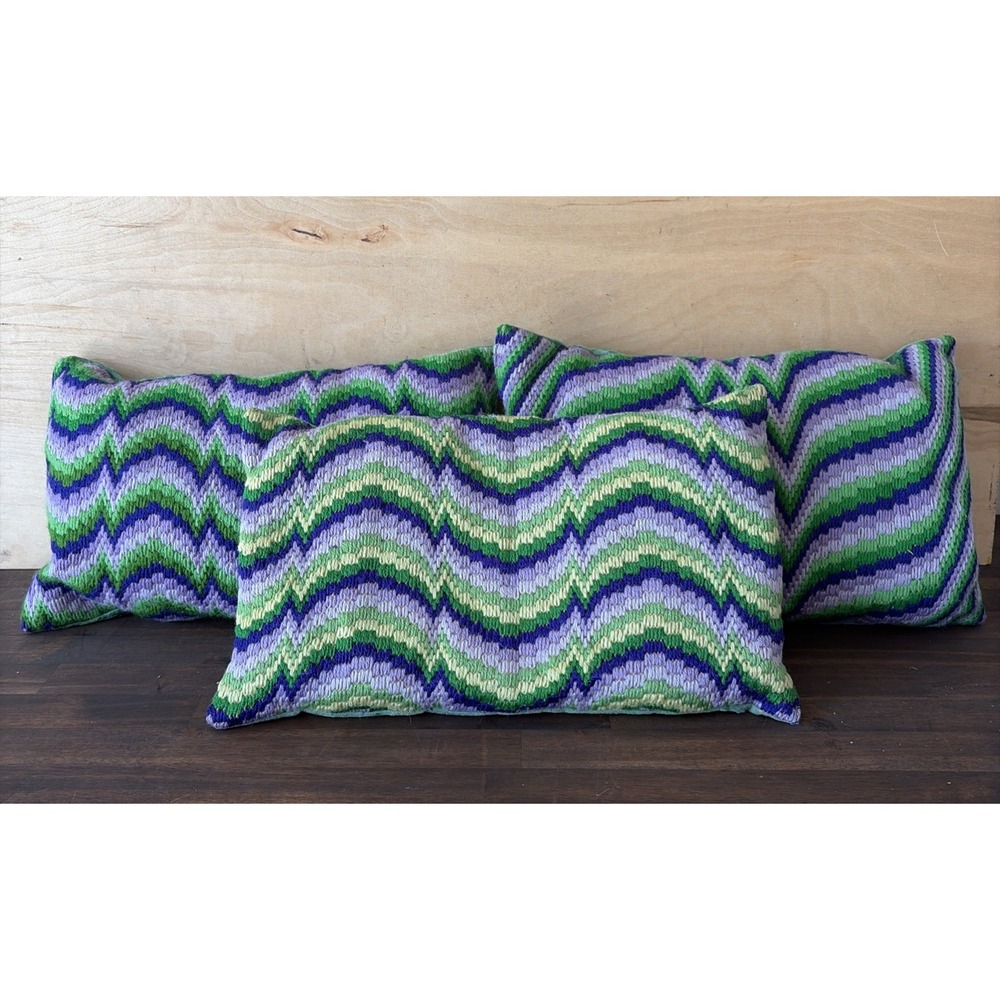 Vintage 70's MCM needlepoint Pillows Zig Zag Purple Green Velvet